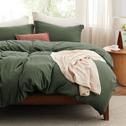 Bedsure Prewashed California King Duvet Cover & Fitted Sheet, Olive Green