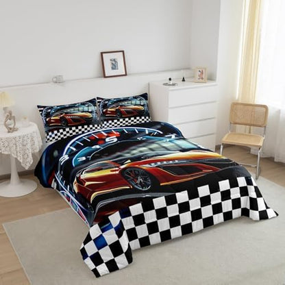 Feelyou Race Car Comforter Set King Size Speed Sports Car Bedding Set Ultra Soft Racing Car Comforter for Kids Boys Girls Extreme Sports Duvet Quilt Bedroom Decor Automobile Quilt