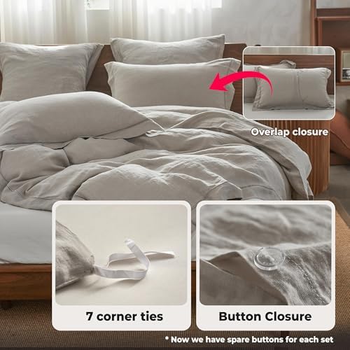 Simple&Opulence 100% French Linen Duvet Cover Set with Embroidered,3 Pcs Washed Soft Farmhouse Bedding Set with Button Closure,1 Comforter Cover and 2 Pillowshams(King,Grey)