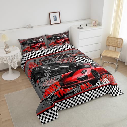 Castle Fairy Red Sports Car Children Comforter Set,Race Cars Bedding Set for Kids Boys,Adults Soft Extreme Sports Game Comforter,Teens Racing Theme Quilted Duvet Set Bedroom Collection King Size 3Pcs