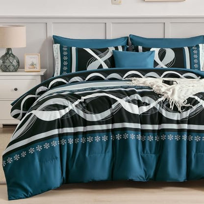 Anibedding Teal Comforter Set King Size,8 Piece Patchwork Striped Bed Set