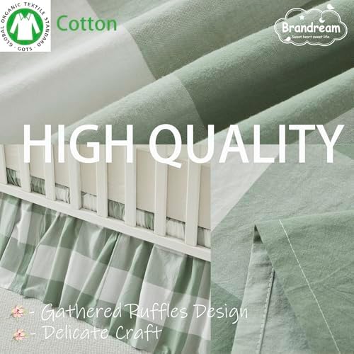 Brandream Gingham Gathered Crib Skirt, Baby Boy, Baby Girl, Gender Neutral Crib Skirt, 100% Cotton, 4-Sided, Green Buffalo Plaid Toddler Bedskirt Farmhouse Chic Nursery Crib Bed Skirt Dust Ruffle