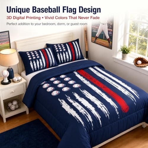 Castle Fairy Kids Baseball Gaming Comforter Set Queen Size Navy Blue Coverlet Set for Boys Girls Teens Bedroom Decor Abstract Stripes Comforter Women Men Ball Games Quilt Set with 2 Pillowcases