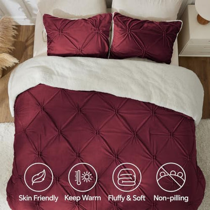 BEDELITE Fluffy Sherpa Twin Comforter Set,Pintuck-Burgundy