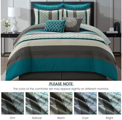 LANCO MODERN LIFESTYLE King Comforter Set, Grey Bedding Set, Jacquard Woven with Geometry, 16 Pieces Room in a Bag, Sheets, Bedskirt, Pillow Shams and Cases, Decorative Pillows and Curtains