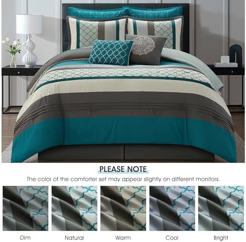 LANCO MODERN LIFESTYLE Queen Comforter Set, Grey Bedding Set, Jacquard Woven with Geometry, 16 Pieces Room in a Bag, Sheets, Bedskirt, Pillow Shams and Cases, Decorative Pillows and Curtains