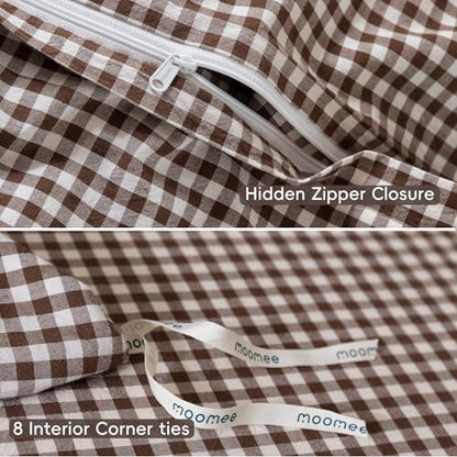 MooMee Gingham Duvet Cover Set 100% Washed Cotton Linen Like
