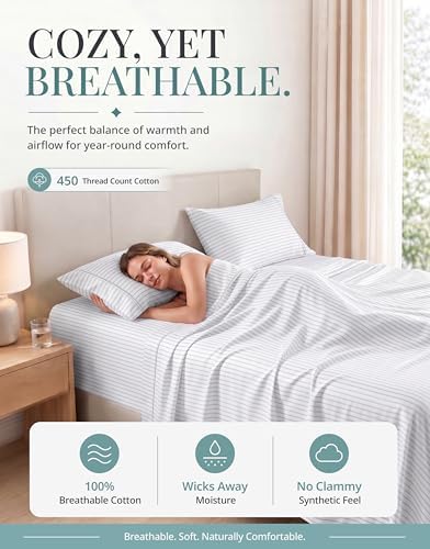 450TC 100% Cotton Sateen Split King Sheet & Pillowcase Sets, Ticking Stripe
