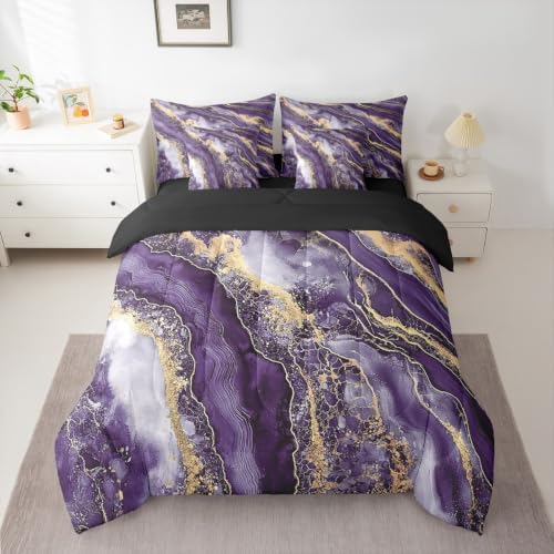 Erosebridal Watercolor Marble Print Comforter Set King Size,Purple Gradient Bedding Set for Kids Teens,Abstract Art (Comforter+Fitted+Flat Sheet+2 Pillowcases+2 Throw Pillow Covers) 7 Pieces Bed Set