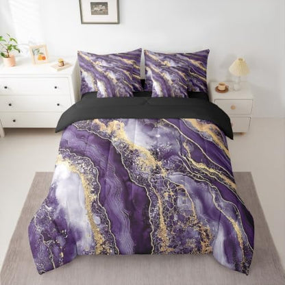 Erosebridal Watercolor Marble Print Comforter Set King Size,Purple Gradient Bedding Set for Kids Teens,Abstract Art (Comforter+Fitted+Flat Sheet+2 Pillowcases+2 Throw Pillow Covers) 7 Pieces Bed Set