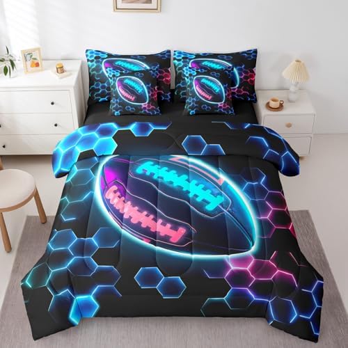 Erosebridal Rugby Sports Comforter Sets with Sheets - Football Bedding Set Queen for Boys Girls Honeycomb Hexagon 7Pcs Bed in A Bag, Colorful Neon Lights Bed Set