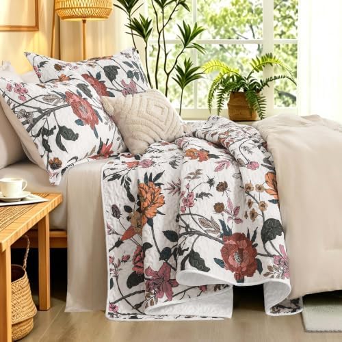 Litanika Floral White Quilt Queen - 3Pcs Botanical Birds Bed Set