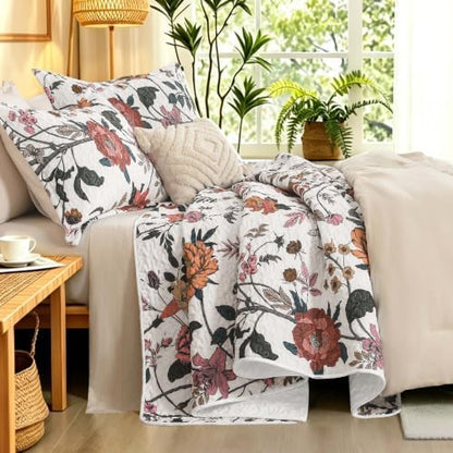Litanika Floral White Quilt Queen - 3Pcs Botanical Birds Bed Set