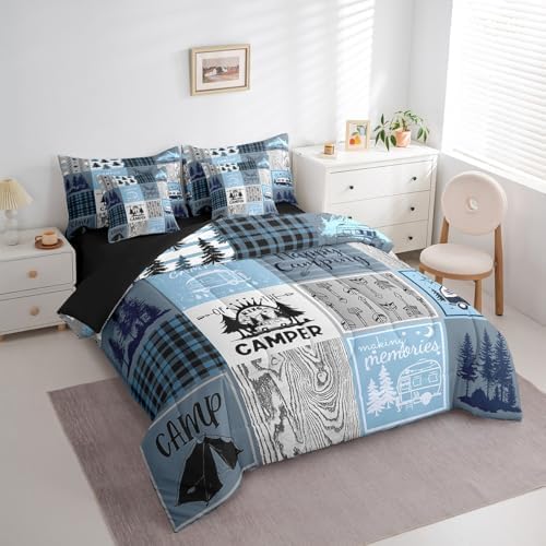Erosebridal Kids Camper Comforter Set 7 Piece Twin Happy Camping Bed in A Bag Rv Bunk Accessories Bedding for Travel Trailers,Blue Grey Rustic Buffalo Plaid Arrow Pine Tree Bed Set for Boys Girls