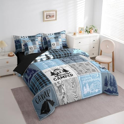 Erosebridal Kids Camper Comforter Set 7 Piece Twin Happy Camping Bed in A Bag Rv Bunk Accessories Bedding for Travel Trailers,Blue Grey Rustic Buffalo Plaid Arrow Pine Tree Bed Set for Boys Girls