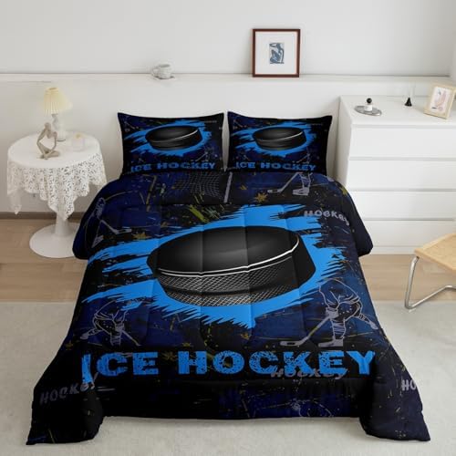 Manfei Ice Hockey Kids Comforter Set King Size, Sports Gaming Theme Blue Quilt Set with 2 Pillowcases, Hockey Player Bedding Set 3pcs for Boys Girls Bedroom Decor Lightweight Duvet Insert
