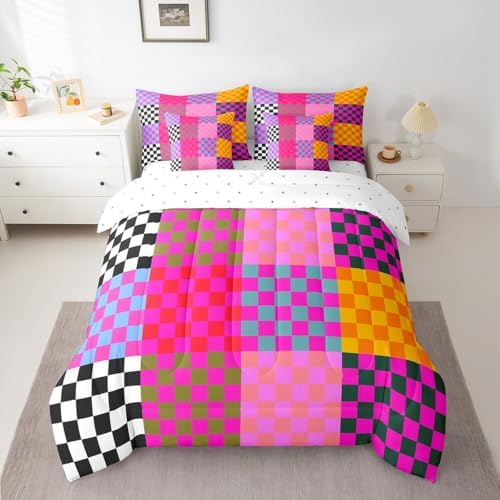 jejeloiu Colorful Plaid Comforter Set with Sheets 7 Piece Twin Size