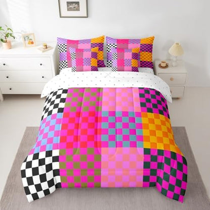 jejeloiu Colorful Plaid Comforter Set with Sheets 7 Piece Twin Size