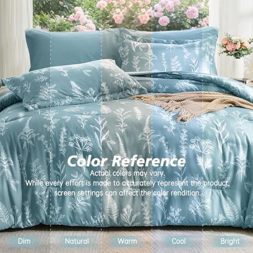 MUXHOMO Blue Full Comforter Set, Elegant Floral Print Bed in a Bag 7 Pieces, Ultra Soft & Breathable Reversible Botanical Pattern Bedding Set with Comforter, Sheets, Pillowcases, and Shams