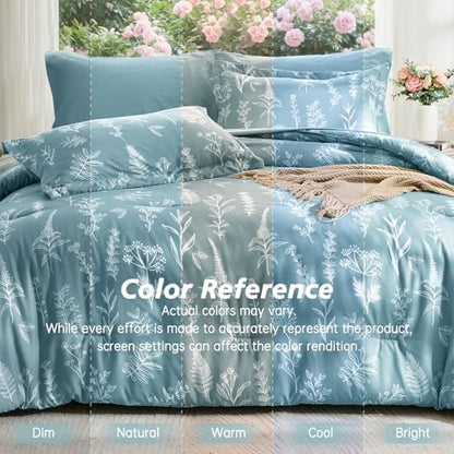 MUXHOMO Blue Full Comforter Set, Elegant Floral Print Bed in a Bag 7 Pieces, Ultra Soft & Breathable Reversible Botanical Pattern Bedding Set with Comforter, Sheets, Pillowcases, and Shams