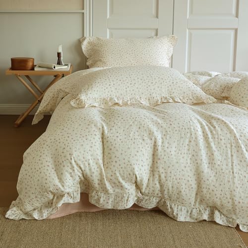 VM VOUGEMARKET 3 Pieces Full Cream Duvet Cover Set Ruffled,Girls Double-Layer Cotton Gauze Duvet Cover with Floral Pattern,Zipper Closure & Corner Ties,80"x90"