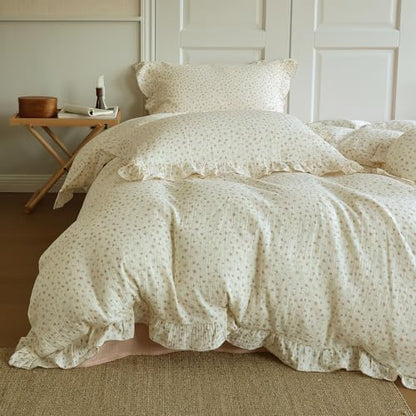 VM VOUGEMARKET 3 Pieces Full Cream Duvet Cover Set Ruffled,Girls Double-Layer Cotton Gauze Duvet Cover with Floral Pattern,Zipper Closure & Corner Ties,80"x90"