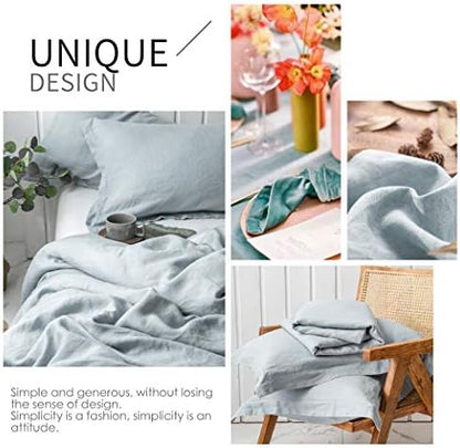 Simple&Opulence 100% Linen Duvet Cover Set 3pcs Basic Style Natural French Washed Flax Solid Color Soft Breathable Farmhouse Bedding with Button Closure - Dusty Blue, Full