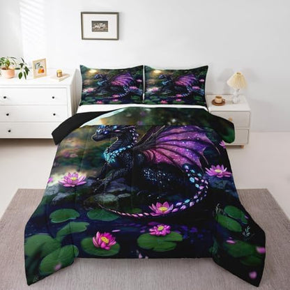 Feelyou Dragon Comforter Set Twin Size Dragon Stuff Comforter for Boys Girls Teens Wild Life Bedding Set Lotus Flower Duvet Set Room Decor Green Purple Quilt Set
