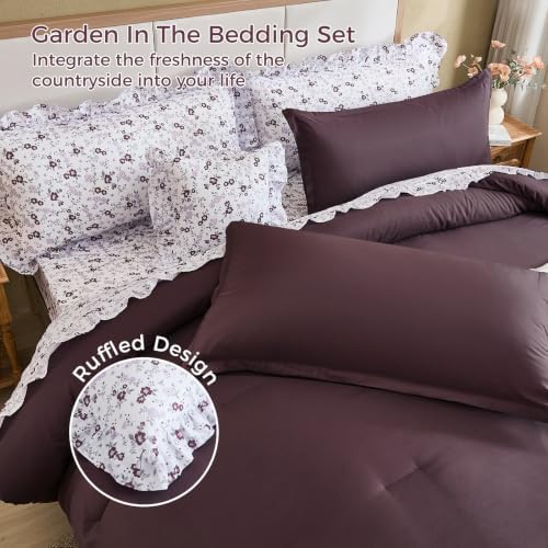 WONGS BEDDING 8PC King Comforter Set, Ruffle Comforter with Floral Sheets