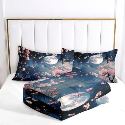 CCoutueChen Cherry Blossom Comforter Set Twin Size Kids Japanese Soft Bedding,2 Pcs Warm Microfiber Quilt Set with 1 Pillowcase/68 * 86
