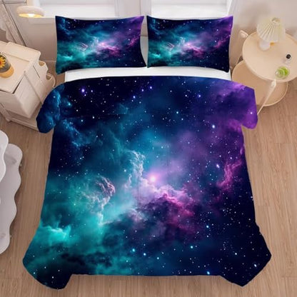 Galaxy Bedding Set King Size Blue Space Comforter for Girls Boys Women Bedroom Decor Moon Cloud Starry Sky Glitter Star Quilt Bed Sets, 1 Comforter 2 Pillowcases
