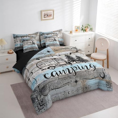 Erosebridal Boho Camper Decor Comforter Set 7 Piece Twin Happy Camping Bedding Set Rv Accessories Bed in A Bag for Travel Trailers Bunks,Rustic Farmhouse Stars Moon Bed Set Blue Grey