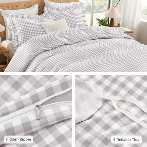 Andency Light Grey Gingham Duvet Cover King, Ruffle Chic Bedding Set 3 Pcs