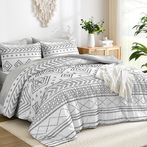 Yiran White Comforter Set King Size, Boho Aztec Comforter Bedding Set, 7 Piece Bed in a Bag King, Soft Microfiber Bohemian Striped Complete Bedding Set with Sheets for All Season