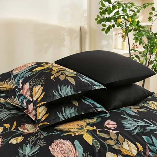 Luxudecor Queen Comforter Set 7 Pieces Bedding Sets, Black Floral Comforter and Sheet Set, Soft Microfiber Bed in a Bag for All Seasons (Black,90"x90")