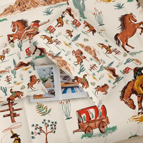 Brown Western Cowboy Comforter Set Twin Size for Boys, Vintage Shabby Chic Bedding, Cozy Boho Country Style Bedding for Teen Boys, Rustic Western Themed Bedroom Decor