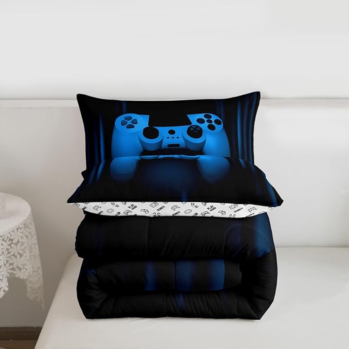 Feelyou Boys Gamer Comforter Set Full Size Bedding Set for Kids Gaming Comforter Blue Black Video Games Gamepad Room Decor for Teens Child Super Soft Geometric Duvet Quilted Son Grandson Gift