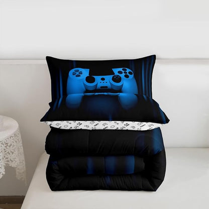Feelyou Boys Gamer Comforter Set Queen Size Bedding Set for Kids Gaming Comforter Blue Black Video Games Gamepad Room Decor for Teens Child Super Soft Geometric Duvet Quilted Son Grandson Gift