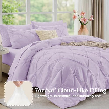 JOLLYVOGUE King Size Comforter Set 7 Pieces - Bed in a Bag King for All Season, Pintuck Bedding Comforter Sets with Comforter, Flat Sheet, Fitted Sheet and Pillowcases & Shams, Light Purple