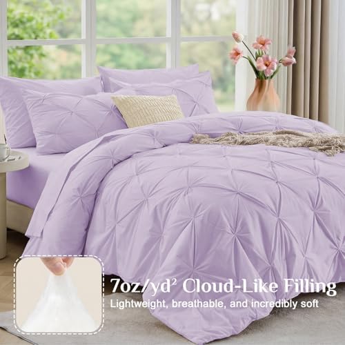 JOLLYVOGUE California King Comforter Set 7 Pieces - Bed in a Bag Cal King for All Season, Pintuck Bedding Comforter Sets with Comforter, Flat Sheet, Fitted Sheet and Pillowcases & Shams, Light Purple