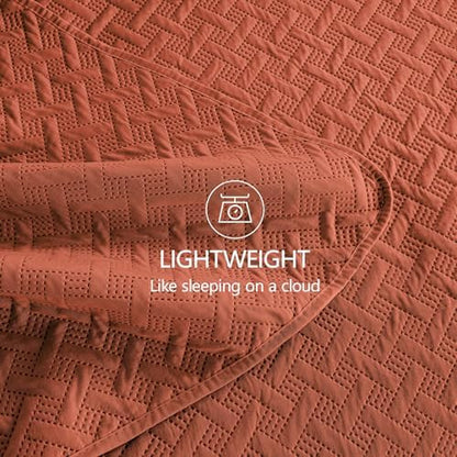 FLYMME Burnt Orange Twin Quilt Bedding Set Thin Lightweight Bedspreads,Modern Style Geometric Weave Stripe Pattern,Soft Microfiber Bed Coverlet for All Season (1 Quilt, 1Sham)