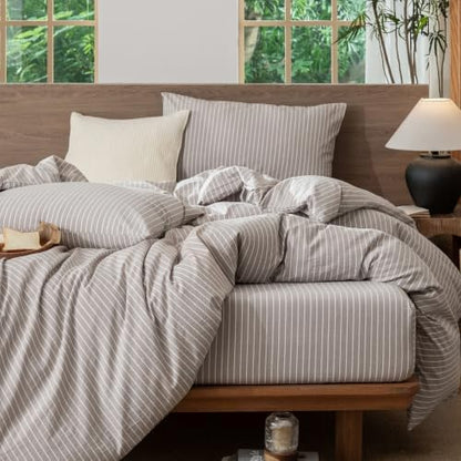 MooMee Striped Duvet Cover Set 100% Washed Cotton Linen Like Queen