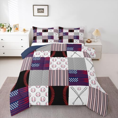 Boys Baseball Bedding Set Twin Ball Games Sports Comforter Set for Kids Teens,Red Blue Abstract American Flag Bedding Comforter Set Patchwork Grey Grid USA Flag Quilt Duvet Set with 1 Pillow Case