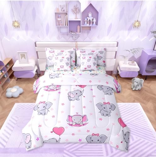 Erosebridal Girls Elephant 7 Piece Comforter Set Twin | Cute Elephant Cartoon Animals Bedding Set for Kids Nursery Bedroom Pink Heart Shaped Comforter with Sheets Kawaii Wildlife Floral Duvet Insert