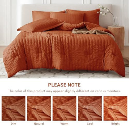 MUXHOMO 5 Pieces Twin Comforter Set, Seersucker Bed in a Bag Twin Size, All Season Luxury Bedding Set with Comforter, Flat Sheet, Fitted Sheet, Pillowcase & Sham, Burnt Orange