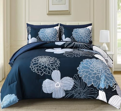 Yiran Navy Blue Bed in a Bag Comforter Set Queen 7 Pieces Floral Bedding Set for Bed,Soft Microfiber Flowers Comforter with 1 Flat Sheet 1 Fitted Sheet 2 Pillowshams