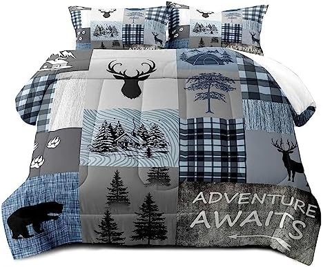 LUVIVIHOME 2PCS Rustic Cabin Comforter Set Twin, Black Bear Deer Elk Moose Woodland Forest Animals Wildlife Hunting Lodge Blue Plaid Country Farmhouse Bedding Sets, Patchwork Quilt, 1 Pillow Sham