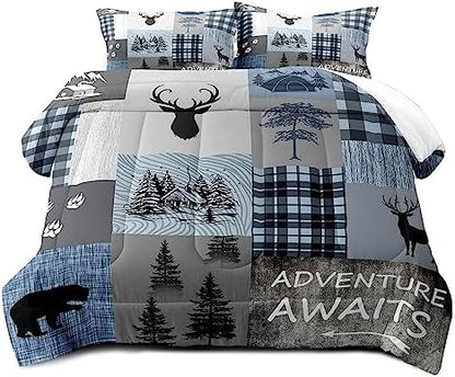 LUVIVIHOME 3PCS Rustic Cabin Comforter Set Queen Size, Black Bear Deer Elk Moose Woodland Forest Animals Wildlife Hunting Lodge Blue Plaid Country Farmhouse Bedding, Patchwork Quilt, 2 Pillow Shams