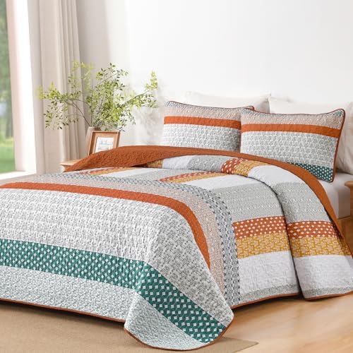 WONGS BEDDING Boho Quilt King Size, Patchwork Bedding Set, Blue Brown