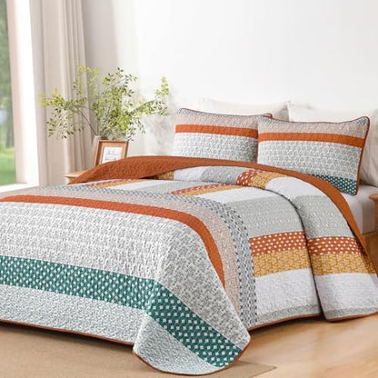 WONGS BEDDING Boho Quilt King Size, Patchwork Bedding Set, Blue Brown